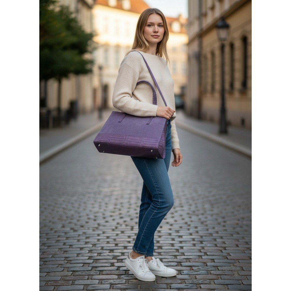 Purple Suede Croc Embossed Leather Tote Bag Structured Shoulder Purse